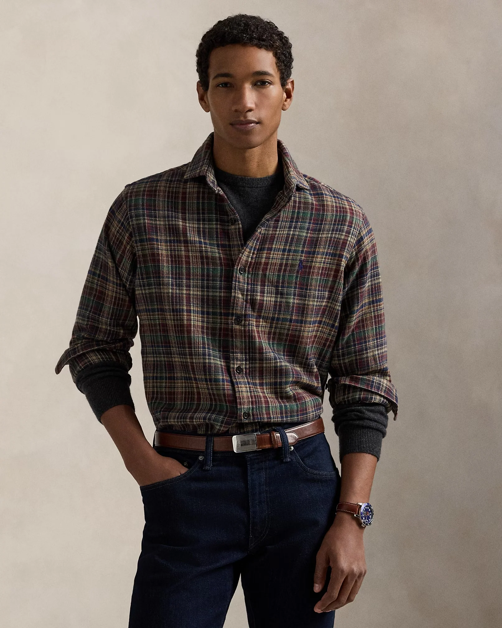 Polo Ralph Lauren - Classic Fit Plaid Brushed Flannel Shirt in Wine/Khaki - Image 3