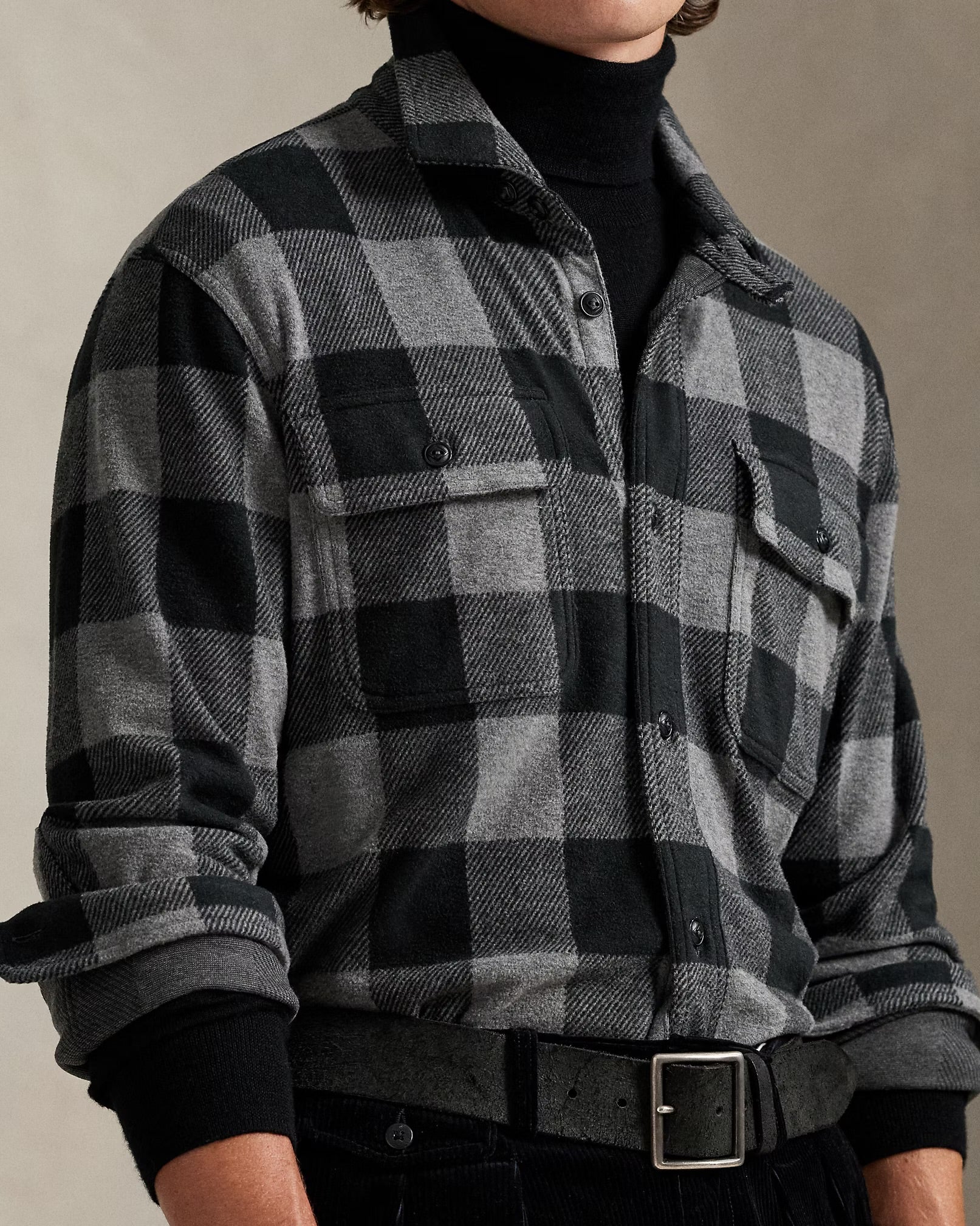 Polo Ralph Lauren - Knit Flannel Overshirt in Black/Grey Plaid - Image 4