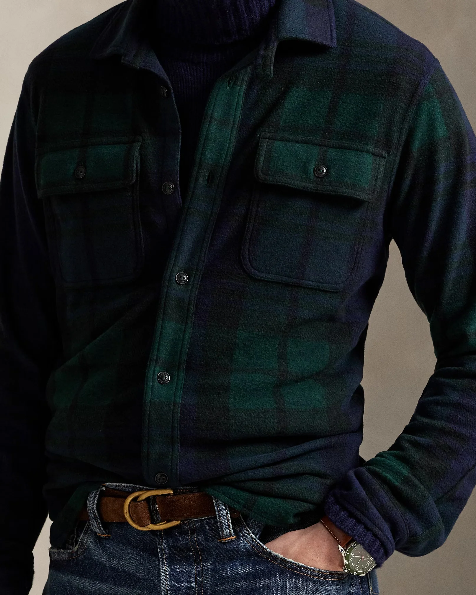 Polo Ralph Lauren - Knit Flannel Overshirt in Blackwatch Plaid - Image 4