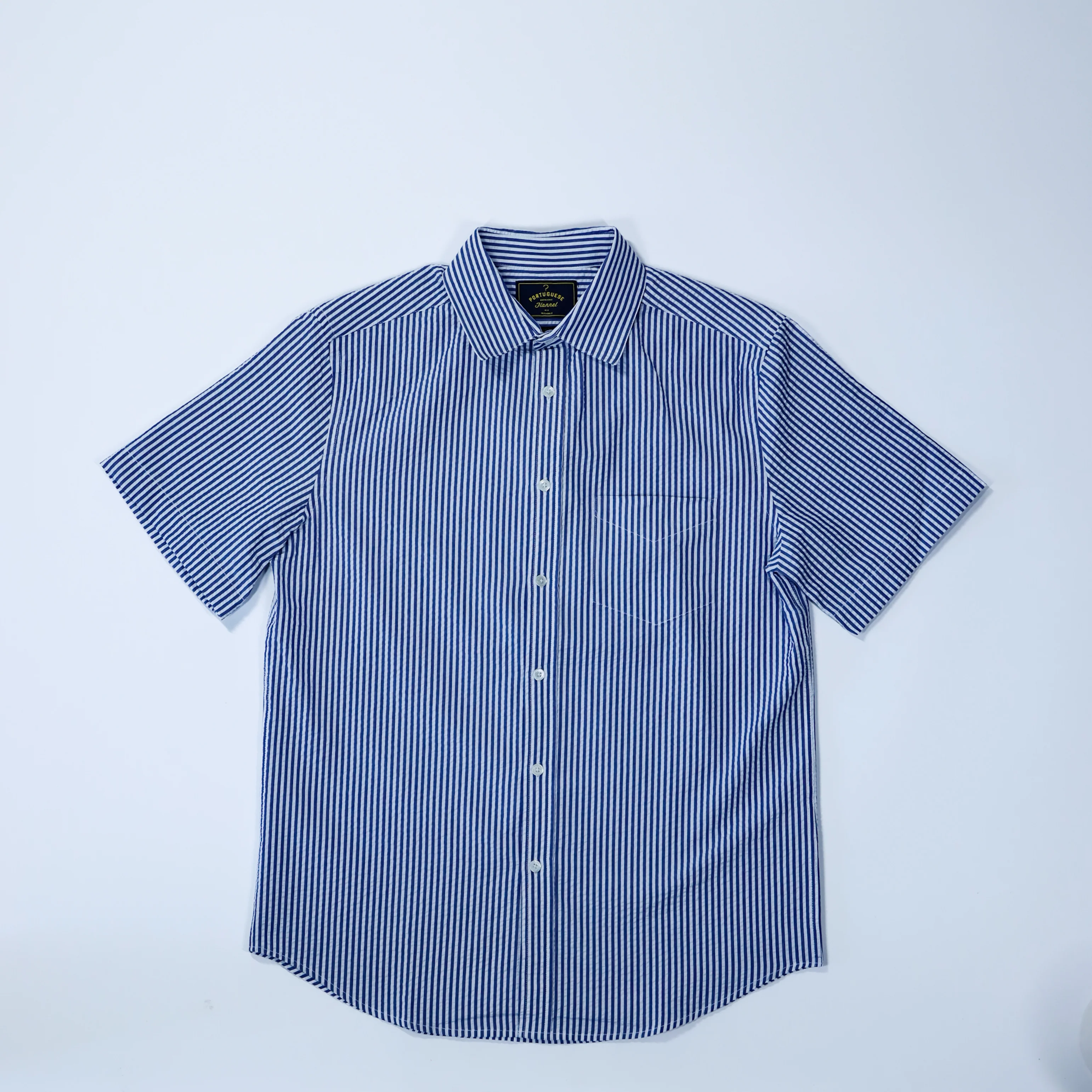 Portuguese Flannel - Atlantico Short Sleeve in Blue Stripe Seersucker