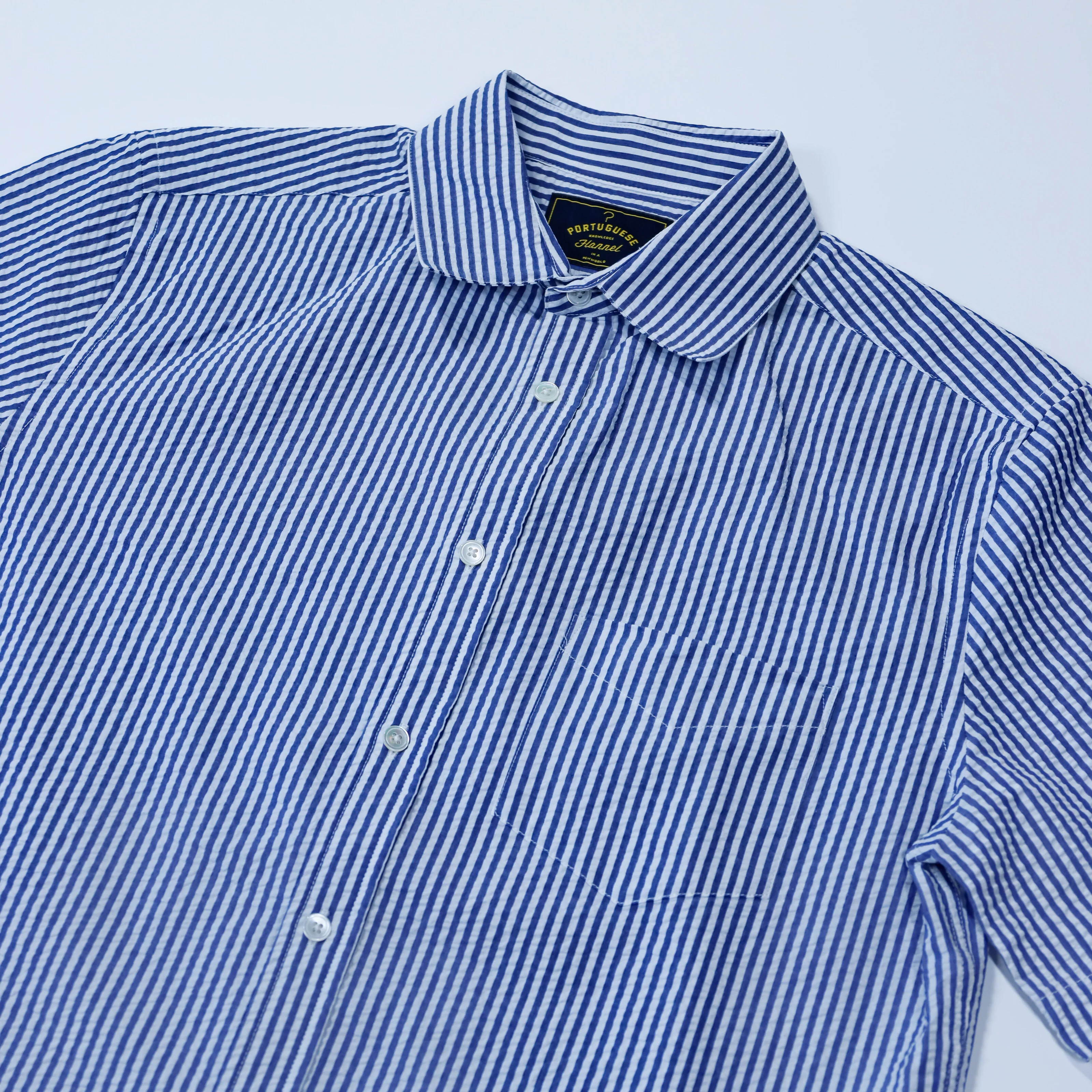 Portuguese Flannel - Atlantico Short Sleeve in Blue Stripe Seersucker - Image 3