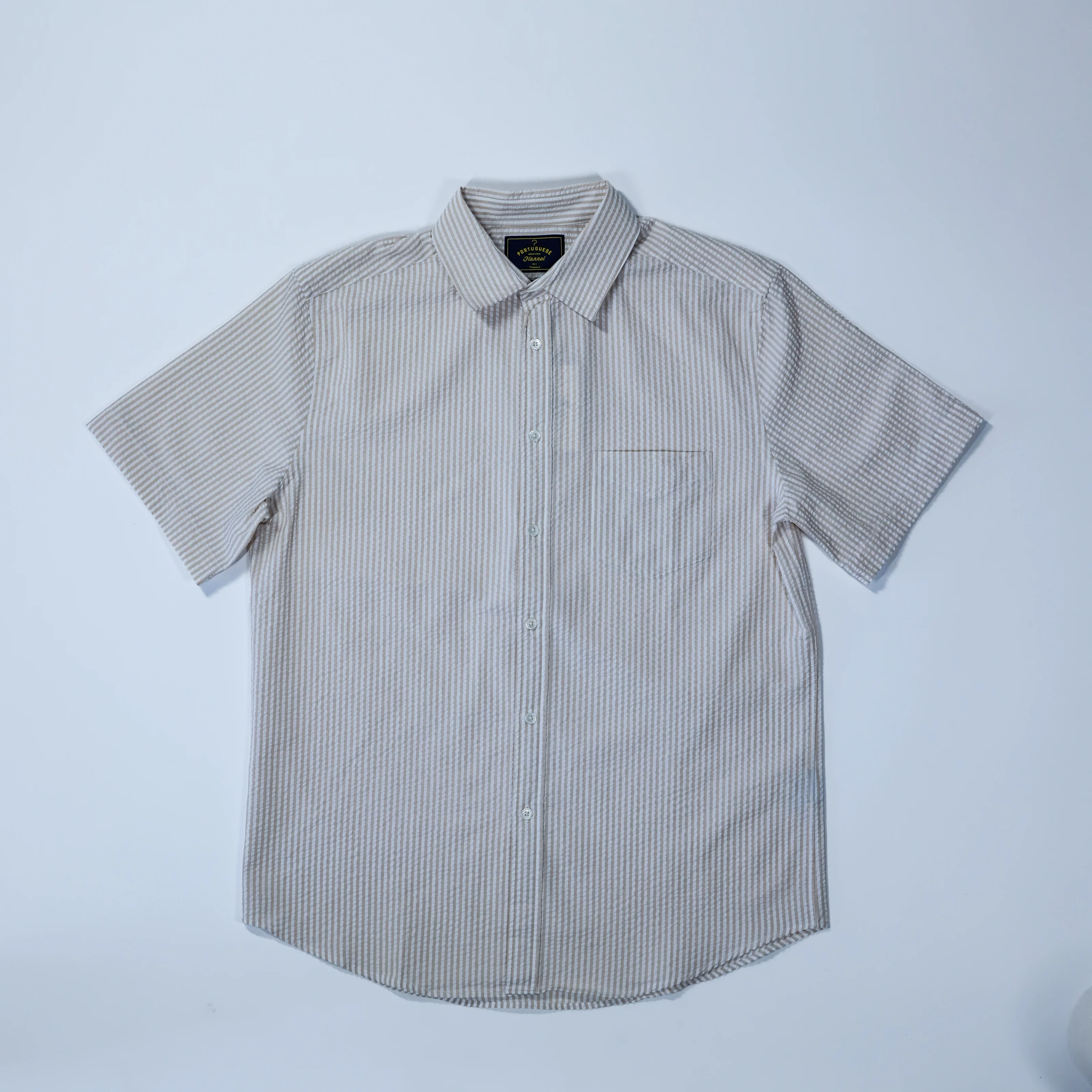 Portuguese Flannel - Atlantico Short Sleeve in Sand Stripe Seersucker