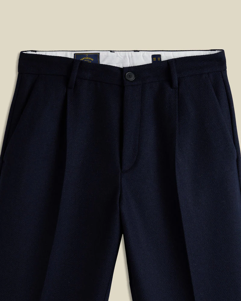 Portuguese Flannel - Single Pleat Trousers in Navy Wool - Image 2