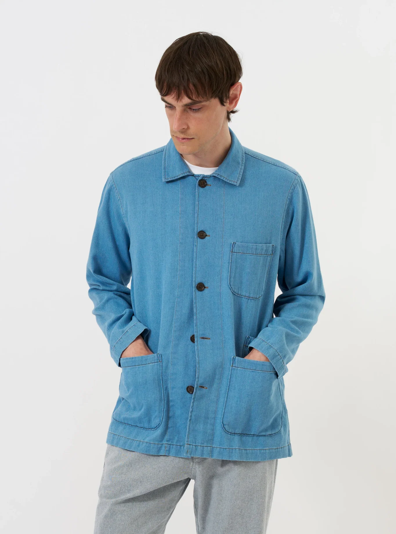 Universal Works - Bakers Overshirt Washed Indigo Recycled Herringbone - Image 4