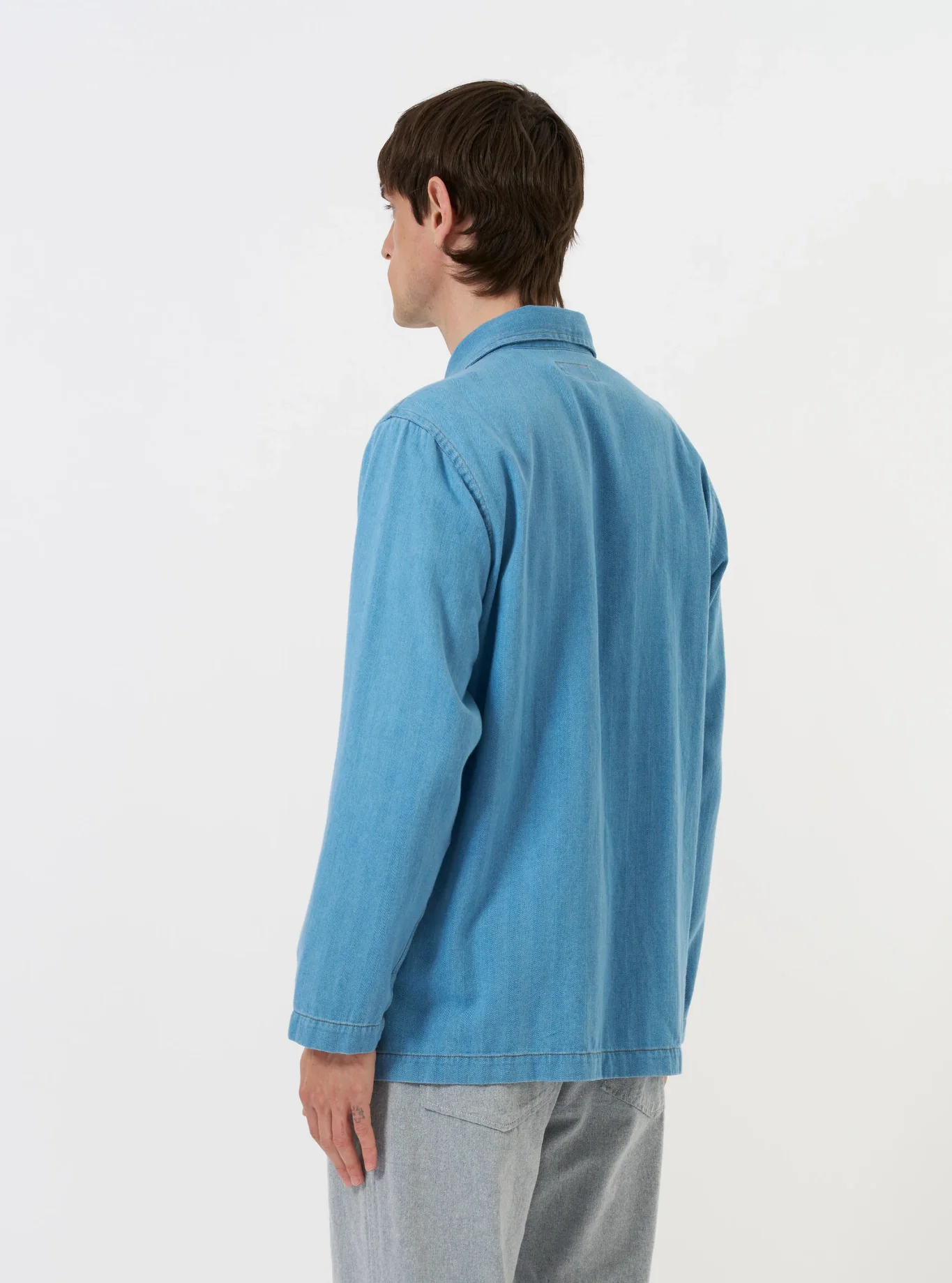 Universal Works - Bakers Overshirt Washed Indigo Recycled Herringbone - Image 5