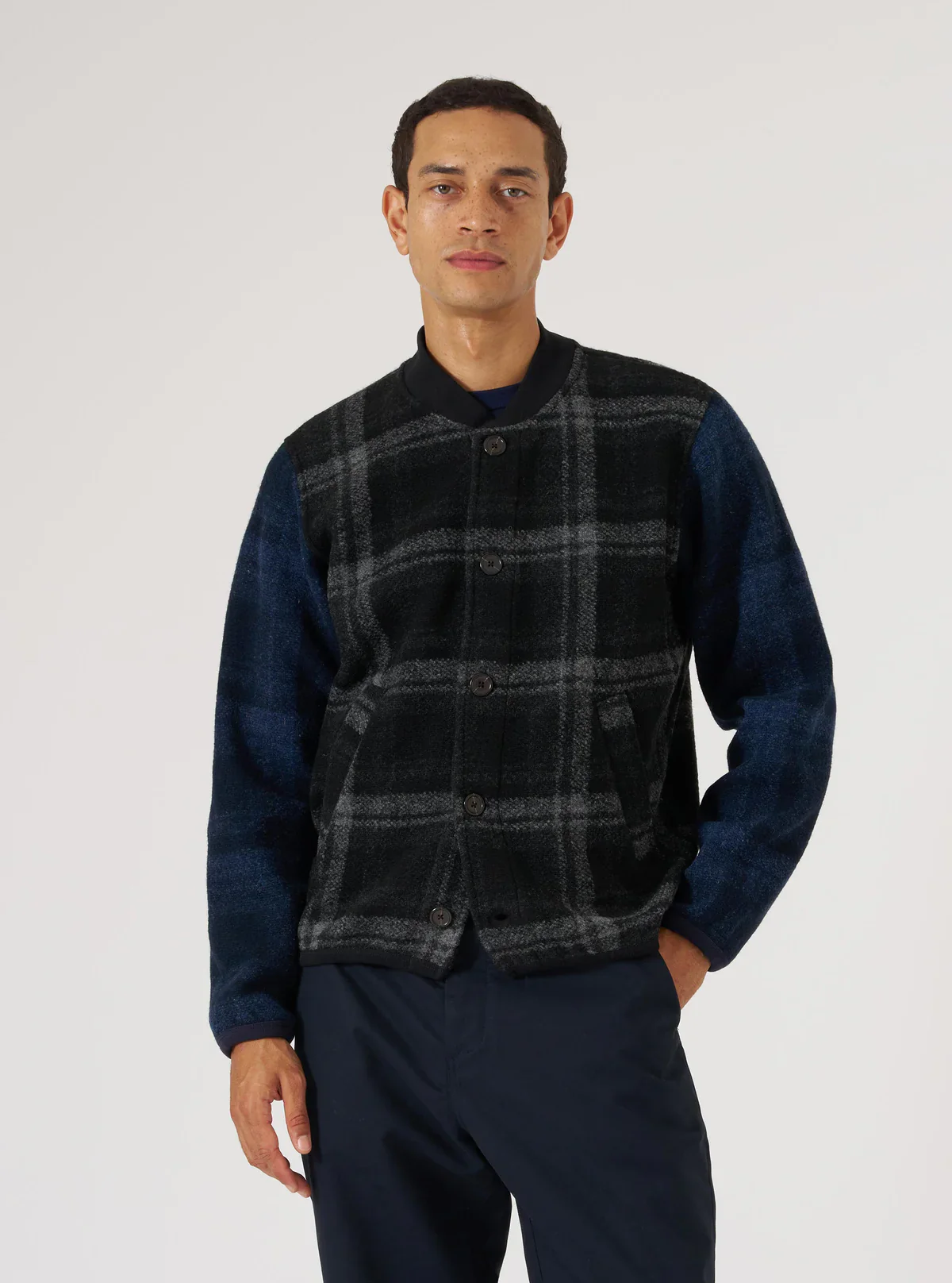 Universal Works - Button Front Bomber in Grey Moh Check Fleece - Image 7