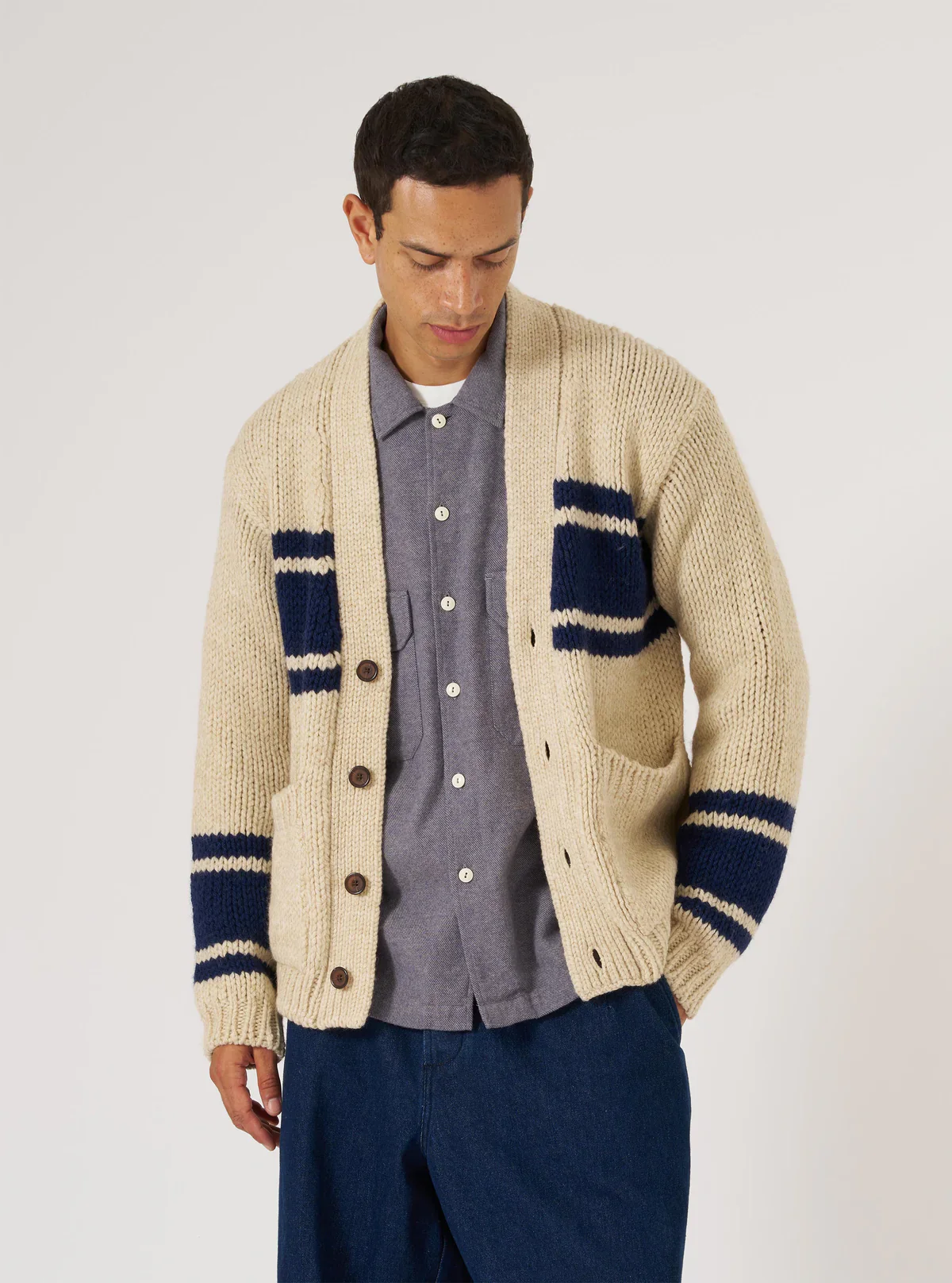 Universal Works - Langdale Cardigan Sand Chunky Knit Stripe - Image 7