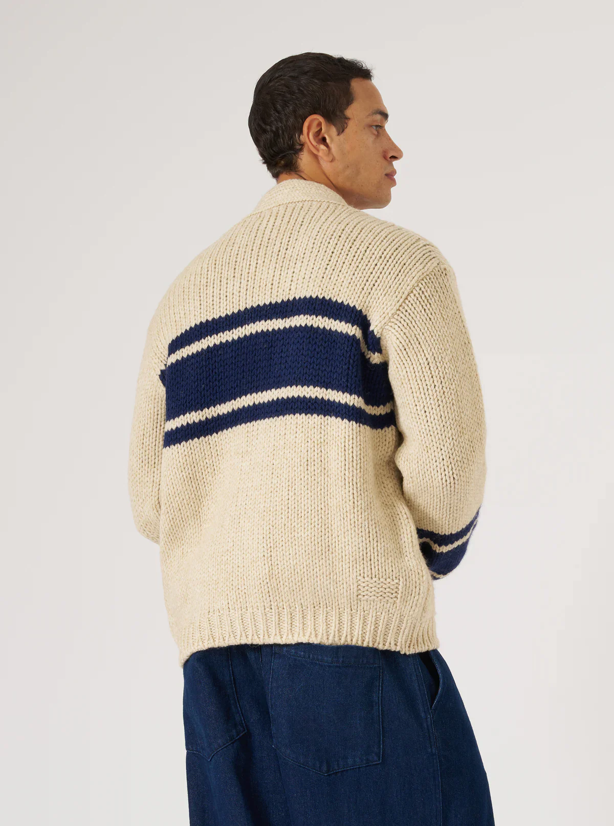 Universal Works - Langdale Cardigan Sand Chunky Knit Stripe - Image 8