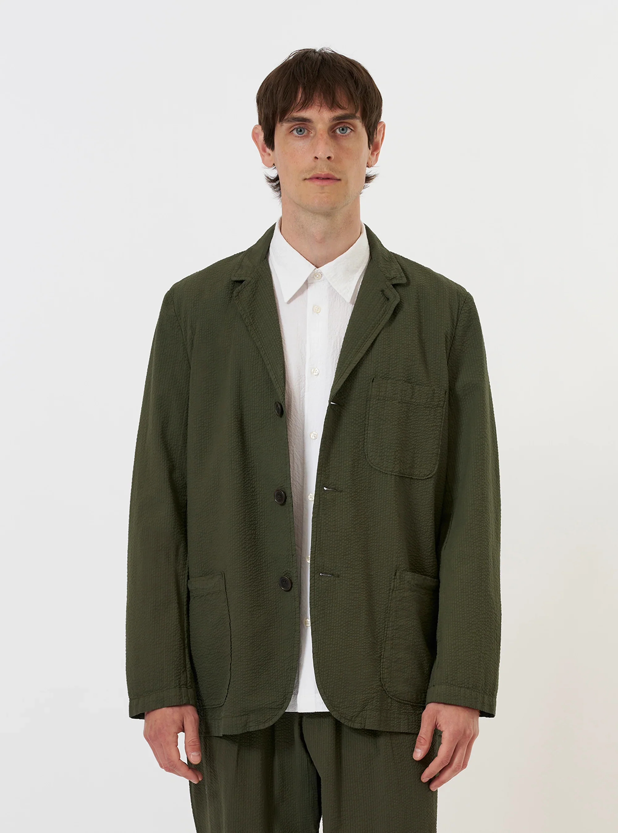 Universal Works - Merida Seersucker Three Button Jacket in Olive - Image 4