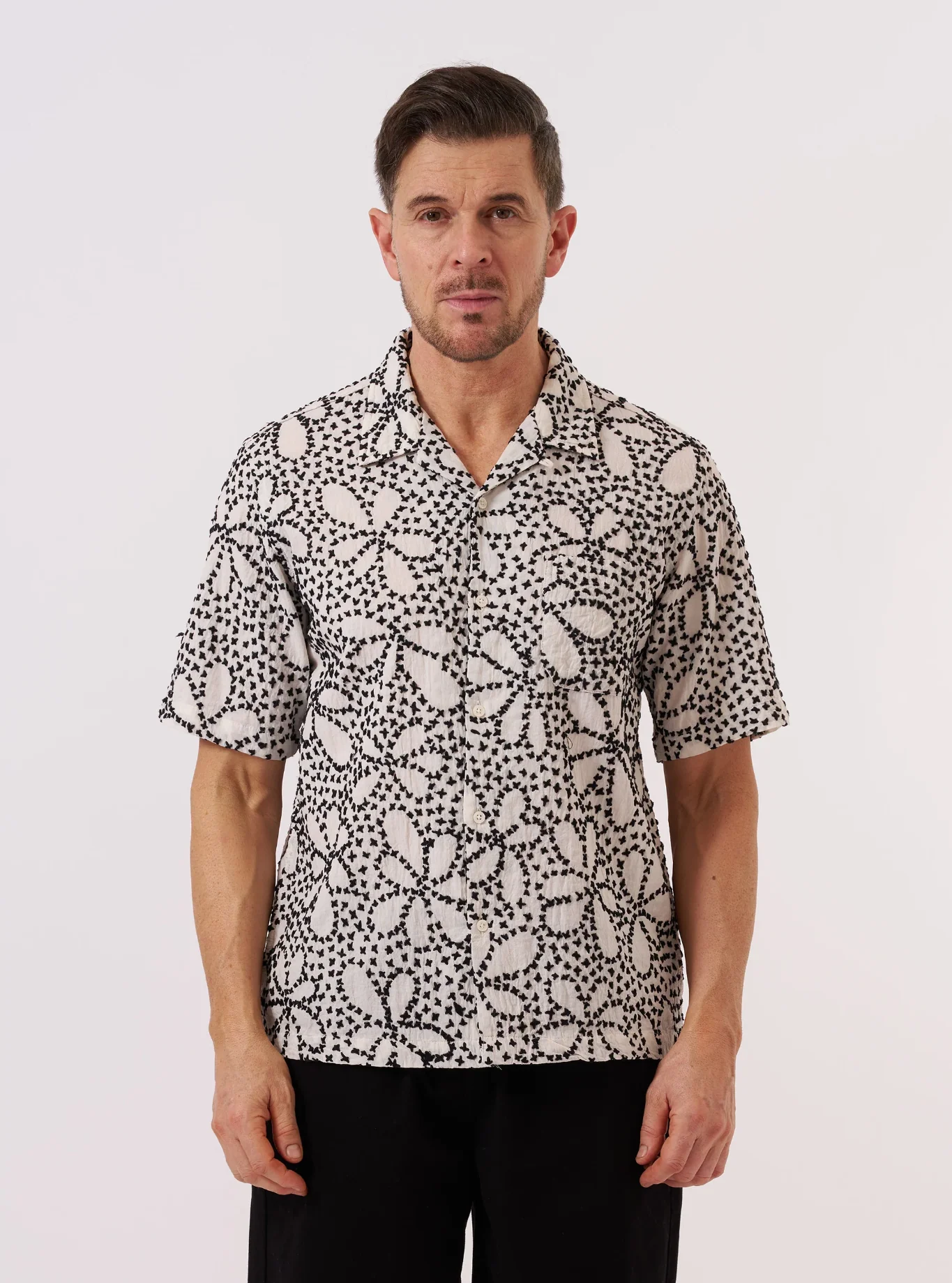 Universal Works - Road Shirt in Ecru/Black Kantha Flower - Image 5
