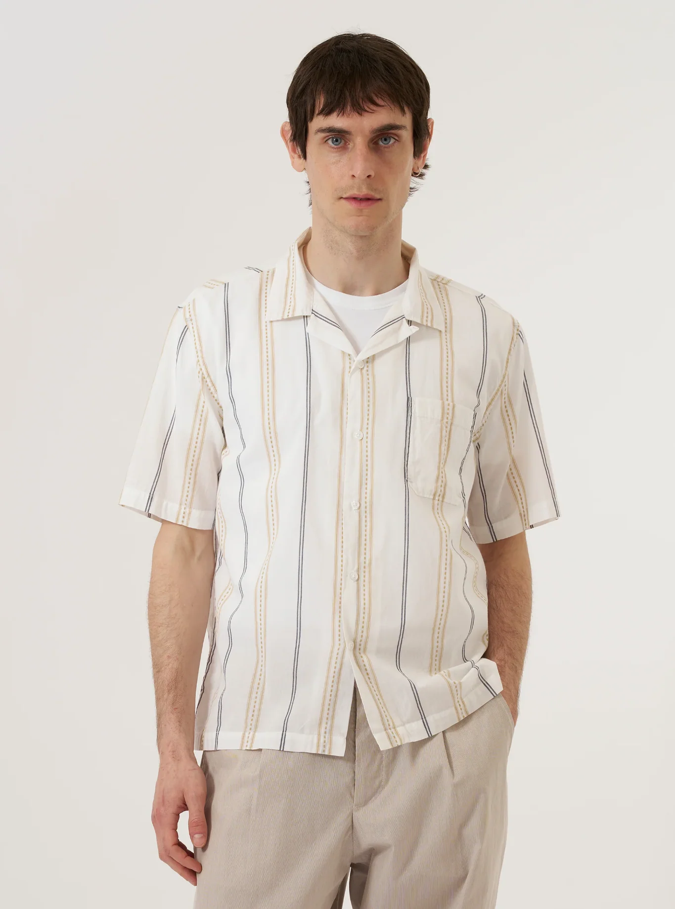 Universal Works - Road Shirt in Ecru/Navy/Sand Hendrix Stripe - Image 5