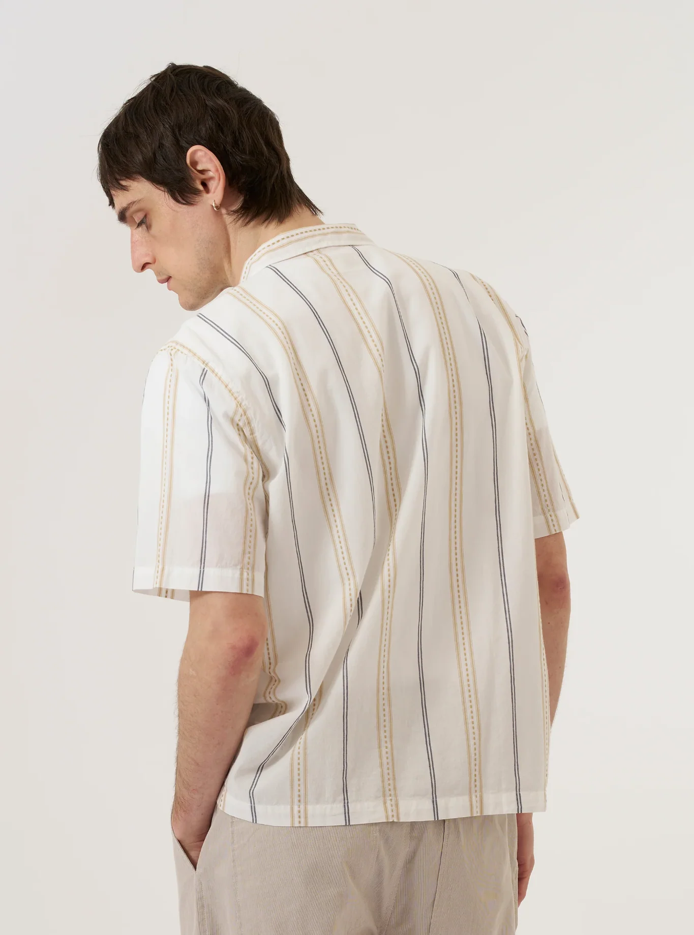 Universal Works - Road Shirt in Ecru/Navy/Sand Hendrix Stripe - Image 6
