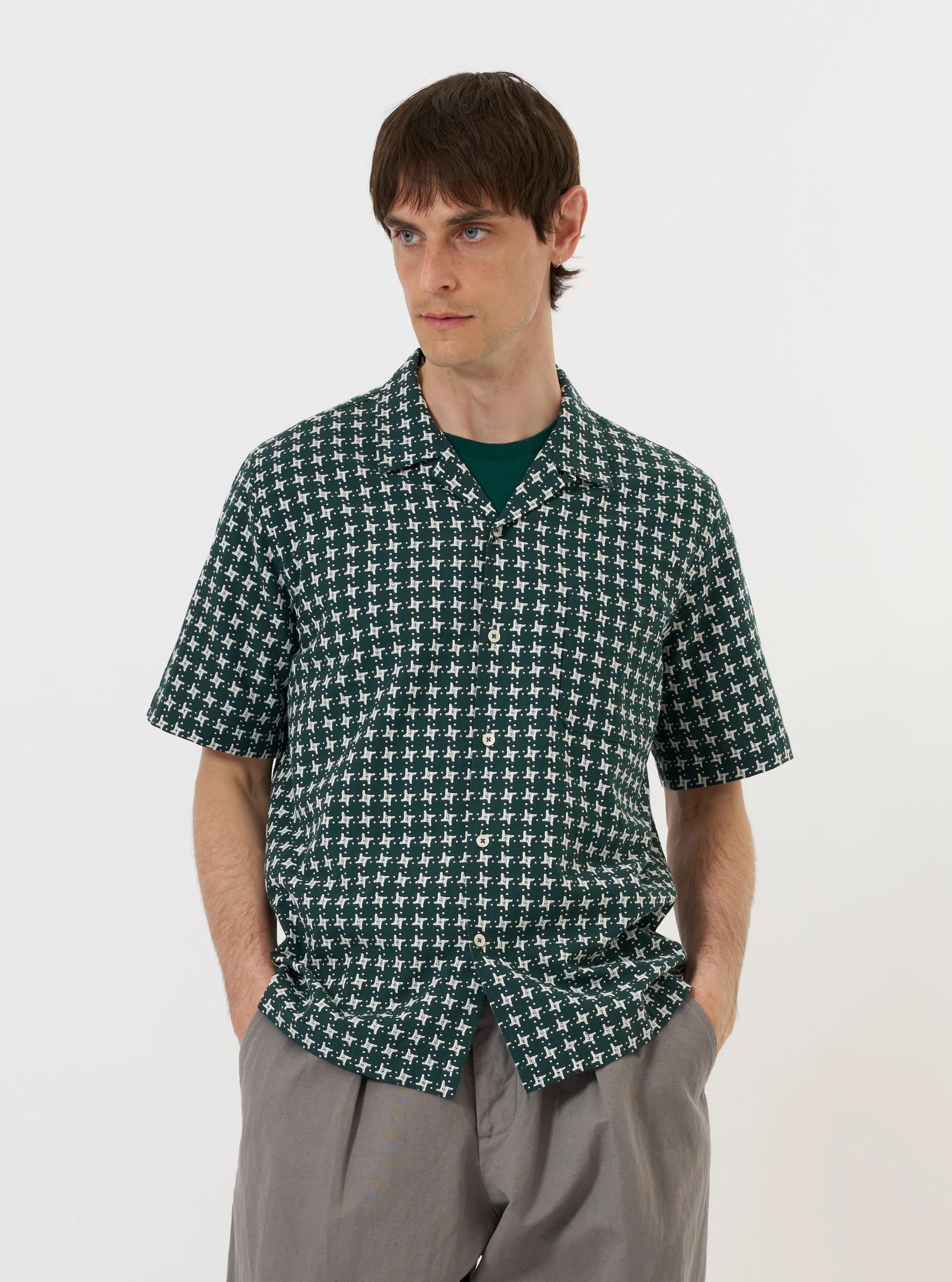 Universal Works - Road Shirt in Green/White Rhodes 8 Cotton - Image 5
