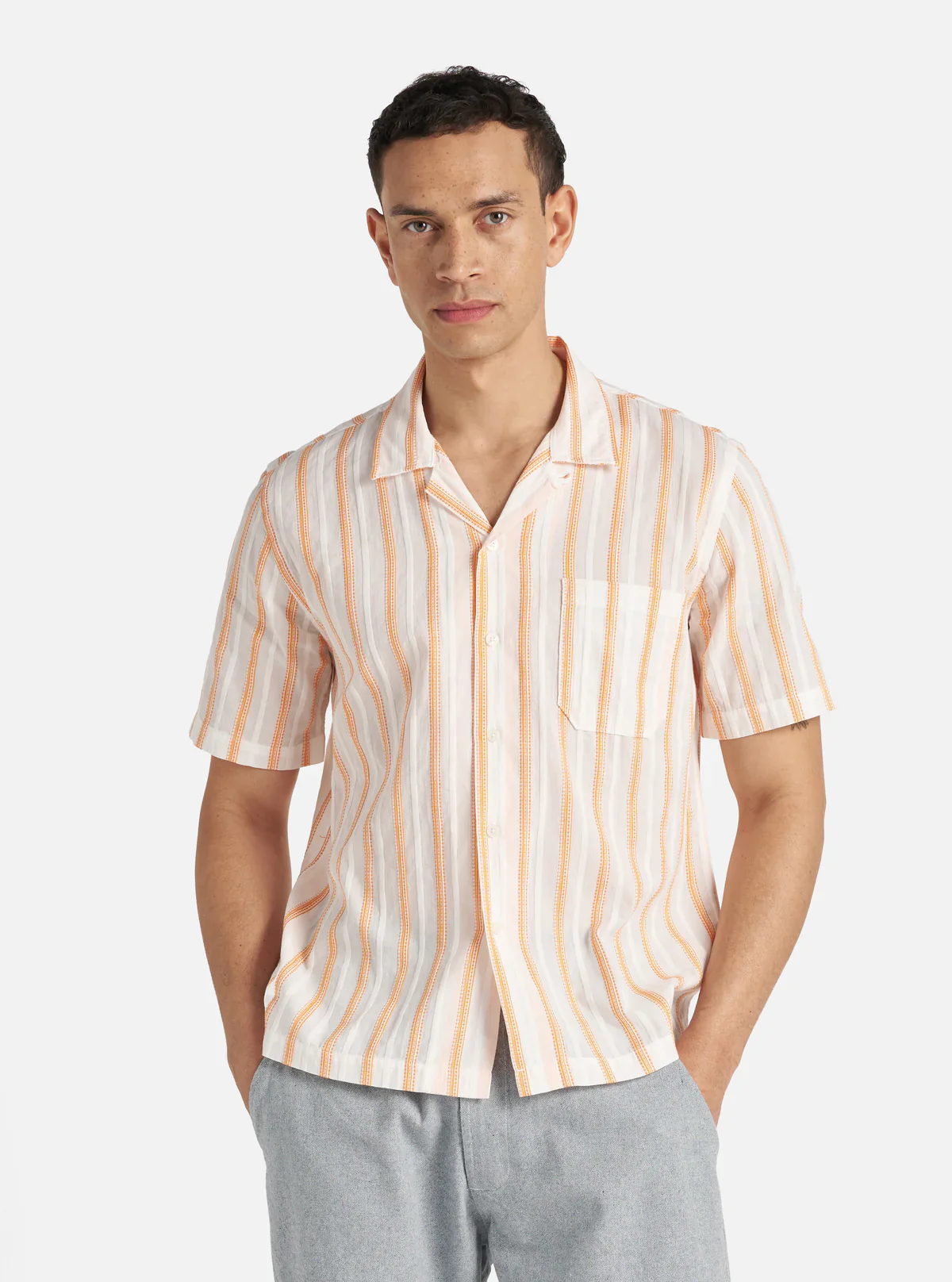 Universal Works - Road Shirt in White/Orange Fans Stripe Cotton - Image 6