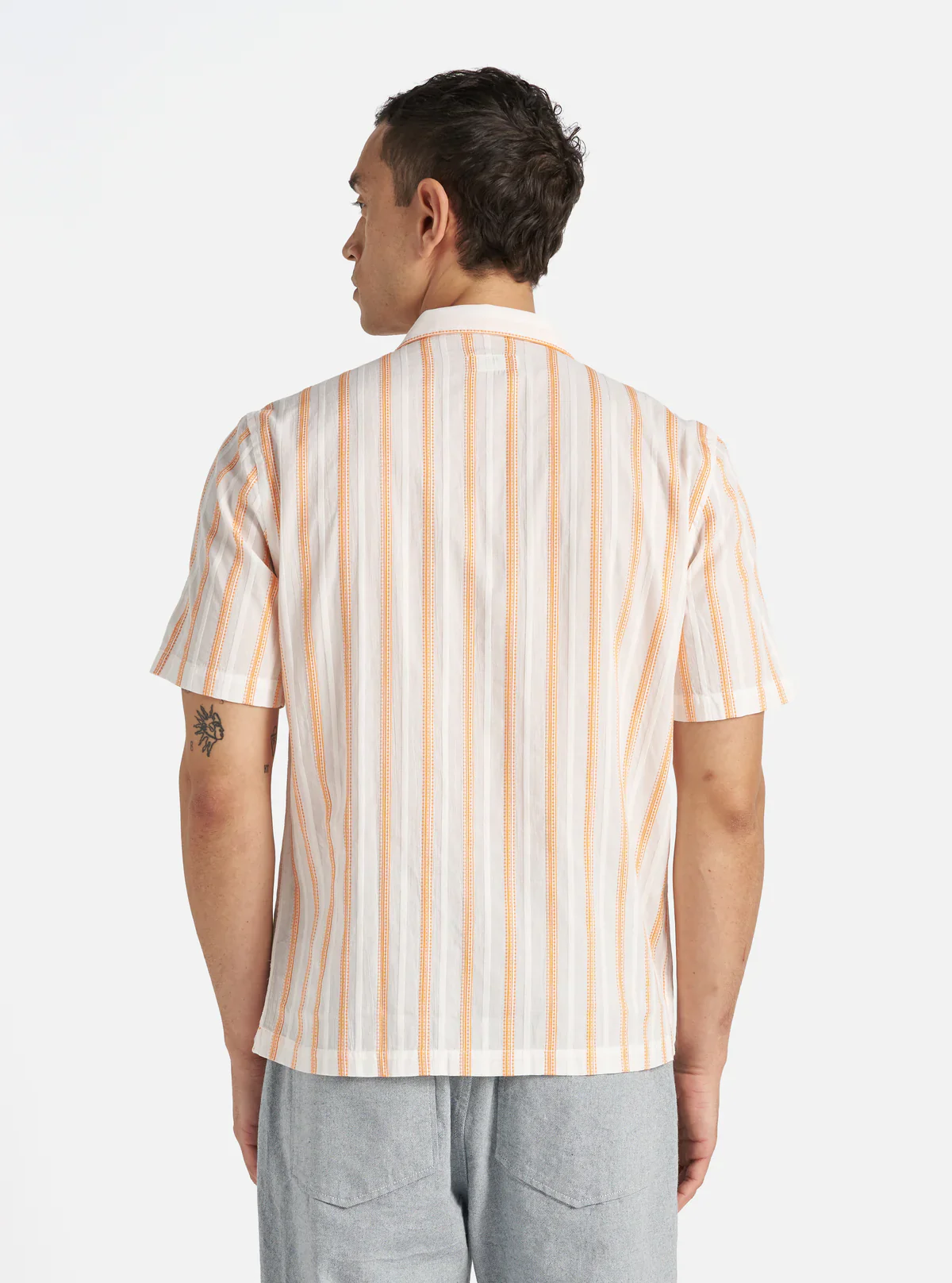 Universal Works - Road Shirt in White/Orange Fans Stripe Cotton - Image 7