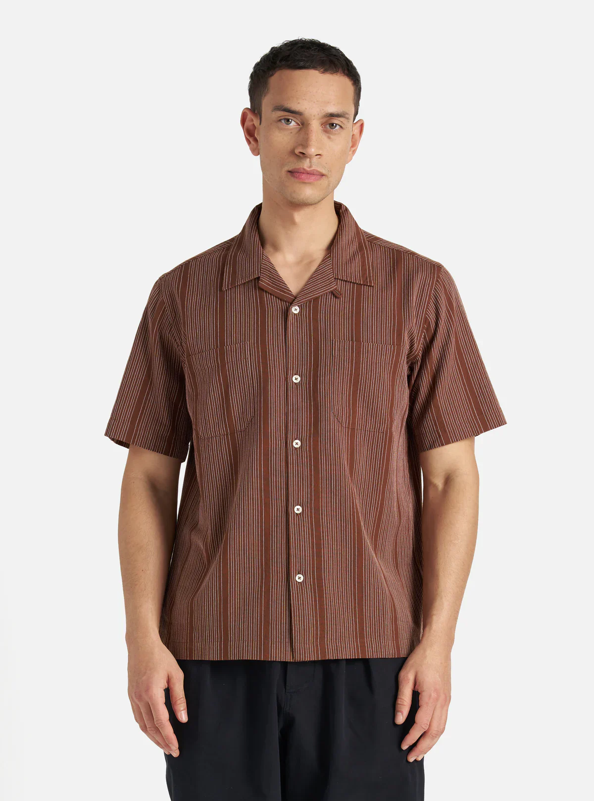 Universal Works - Sal Road Shirt in Brown Kantha Stripe - Image 6