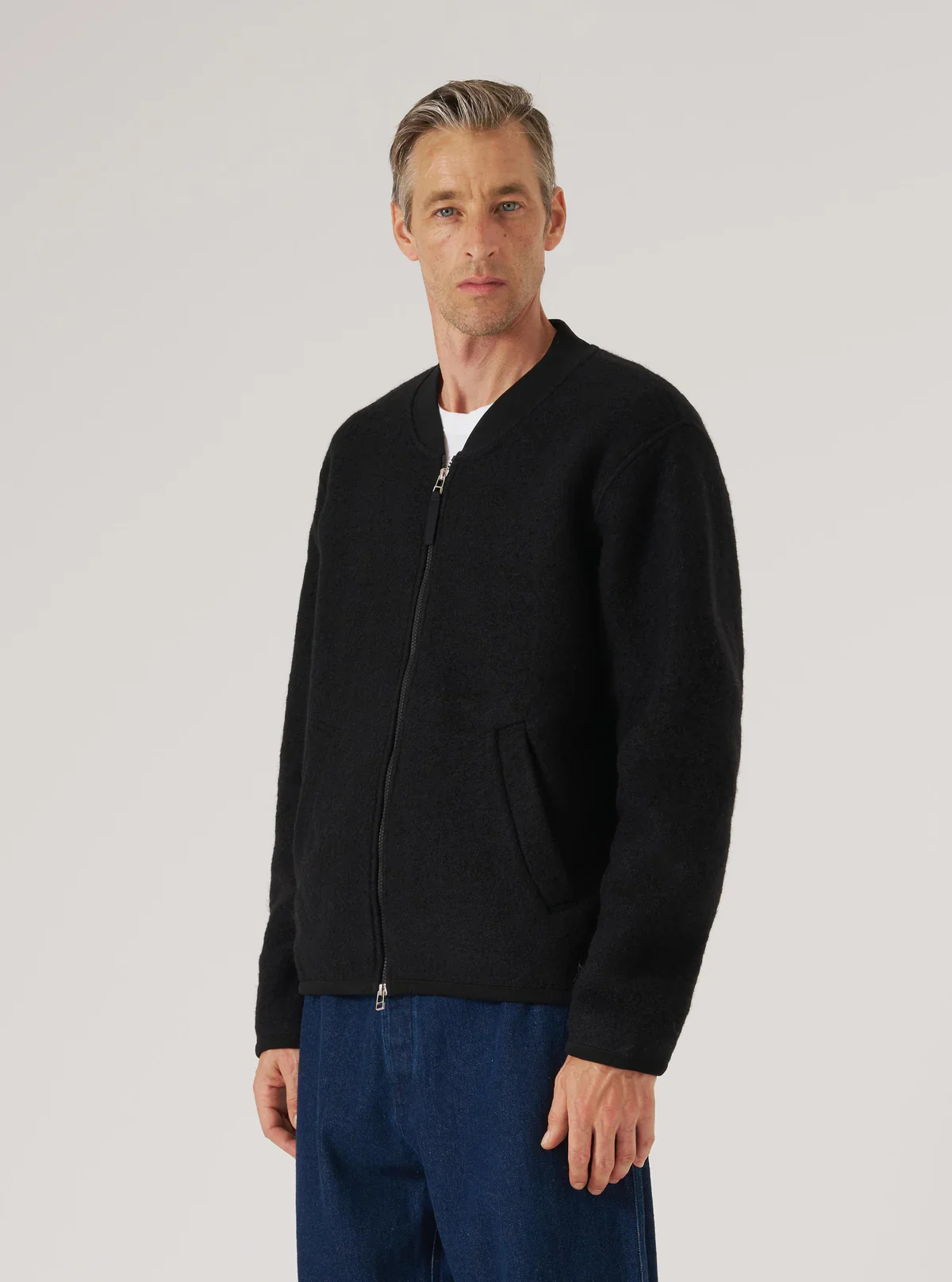 Universal Works - Wool Fleece Zip Bomber in Black - Image 7