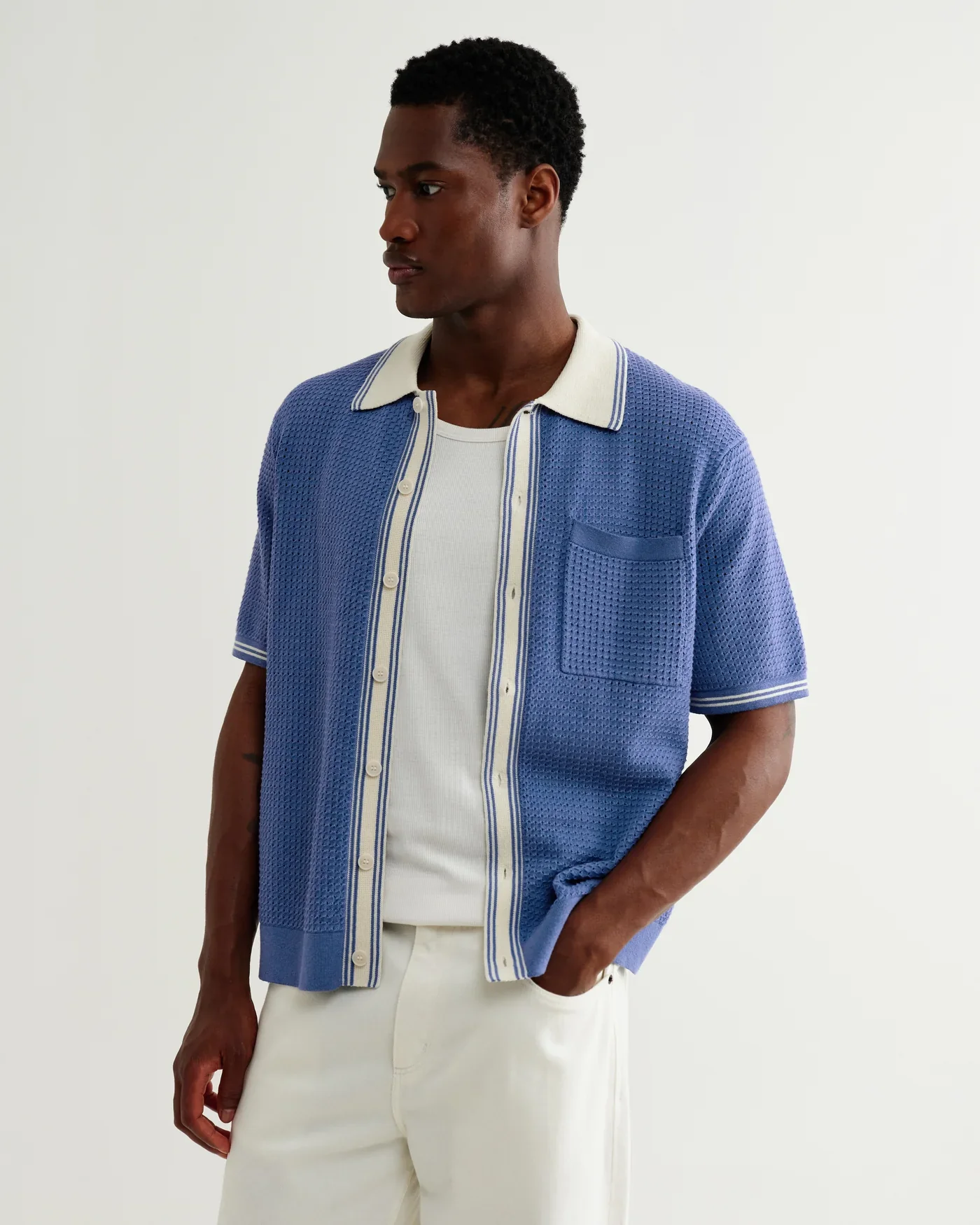 Wax London - Belle Tipped Pointelle Polo Shirt in Blue - Image 5