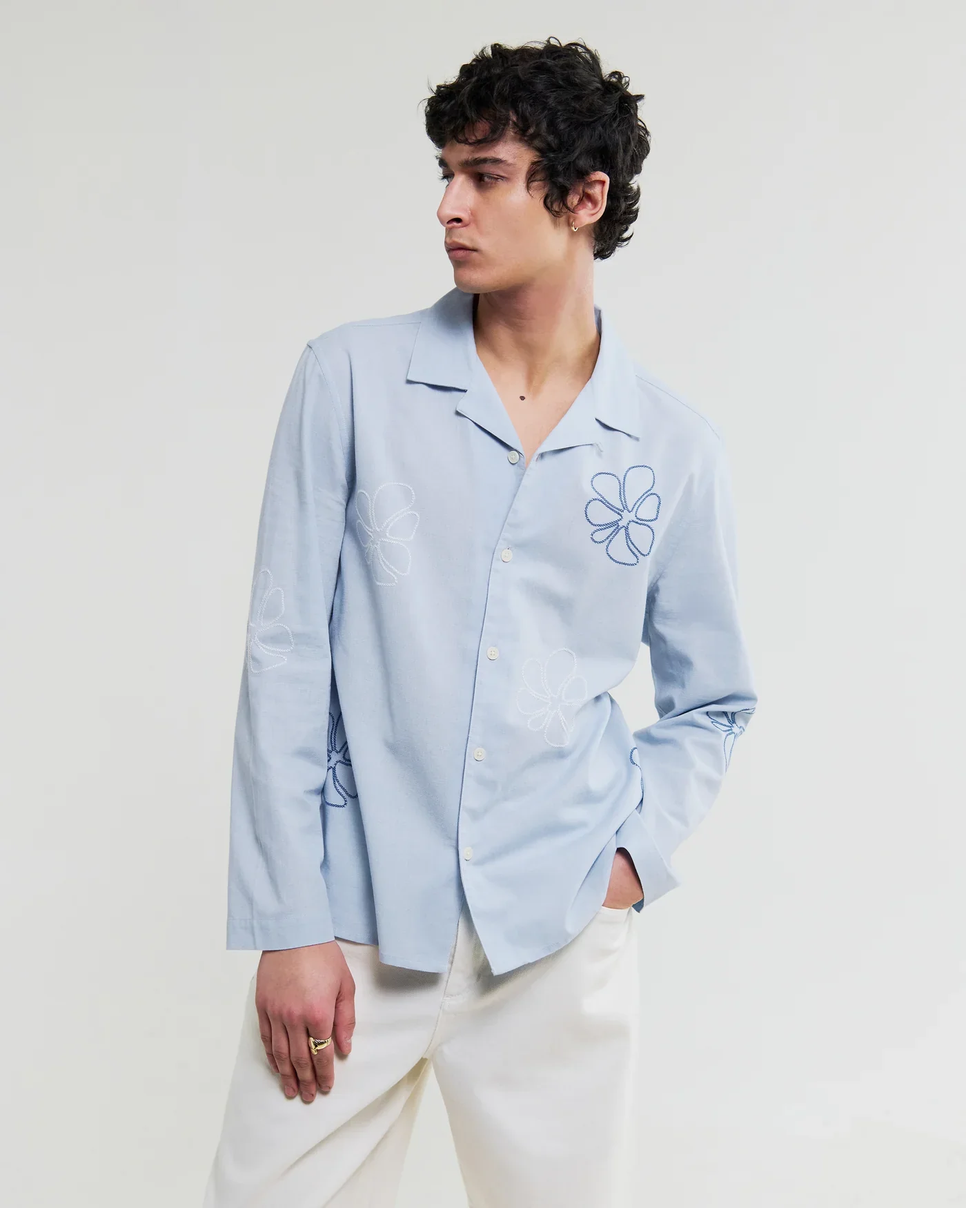 Wax London - Corey Cross Stitch Doodle Cotton-Linen Shirt in Blue - Image 5