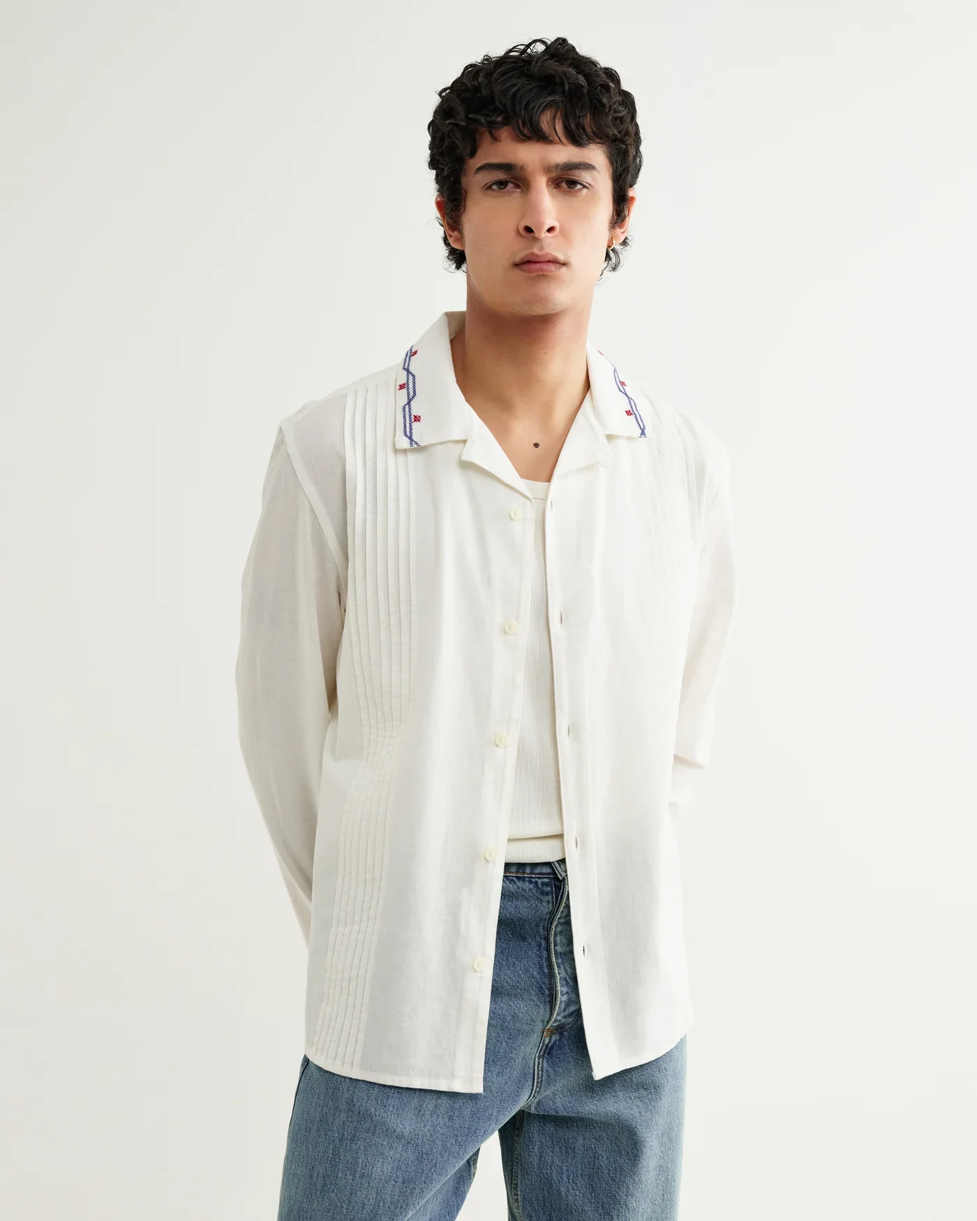 Wax London - Corey Pintuck Border Cotton-Linen Shirt in Ecru - Image 5