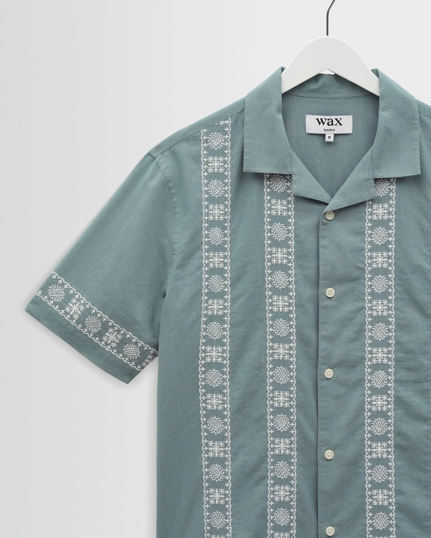 Wax London - Didcot Embroidered Short-Sleeve Shirt in Sea Green And Ecru - Image 3