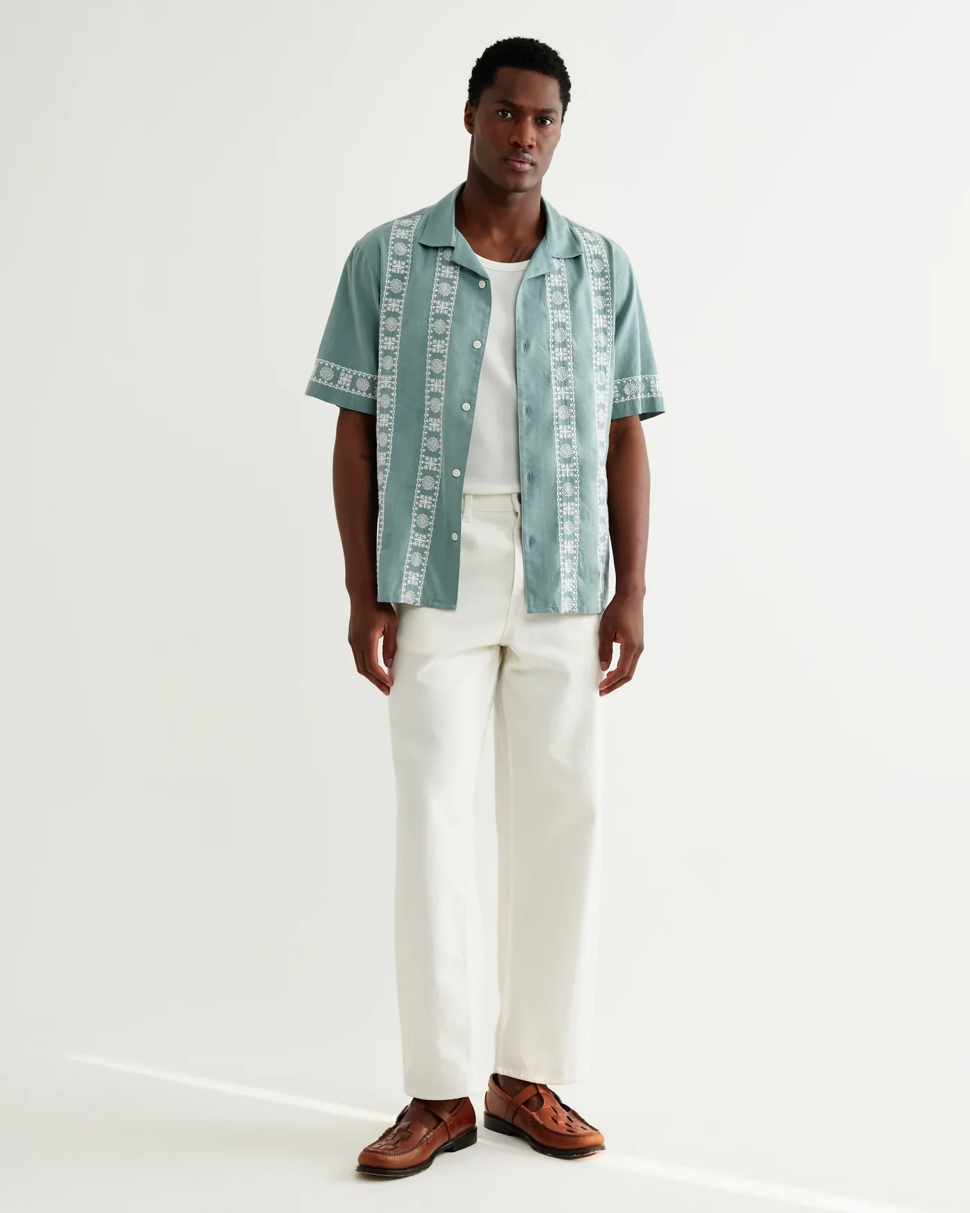 Wax London - Didcot Embroidered Short-Sleeve Shirt in Sea Green And Ecru - Image 5