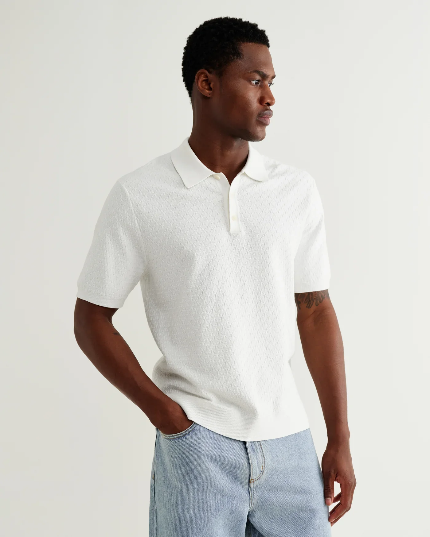 Wax London - Naples Retro Diamond Knitted Polo in Ecru - Image 4