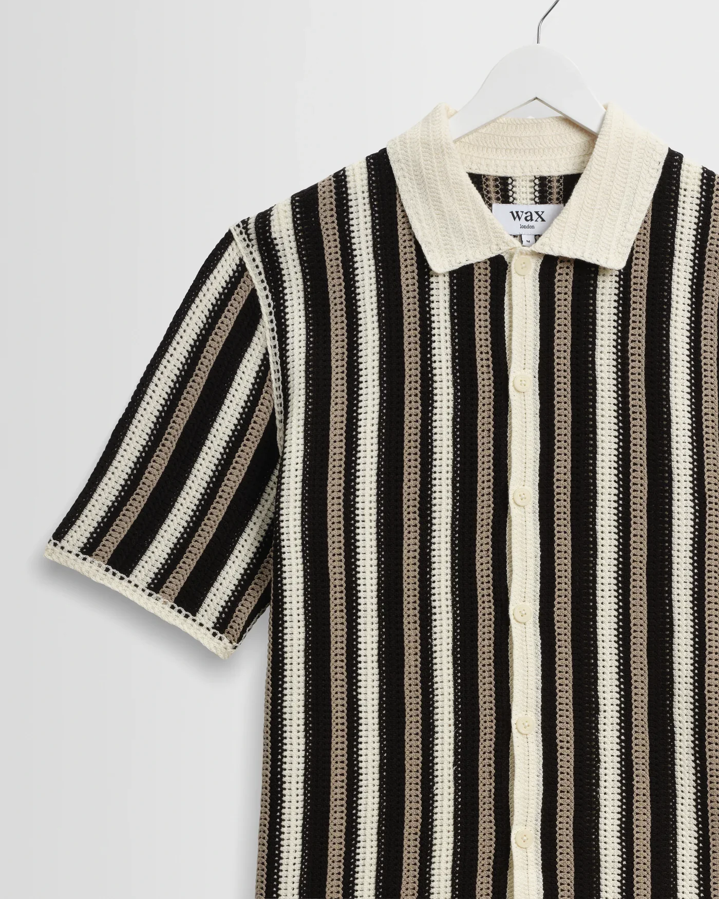 Wax London - Porto Crochet Knitted Shirt in Ecru And Black Stripe - Image 3