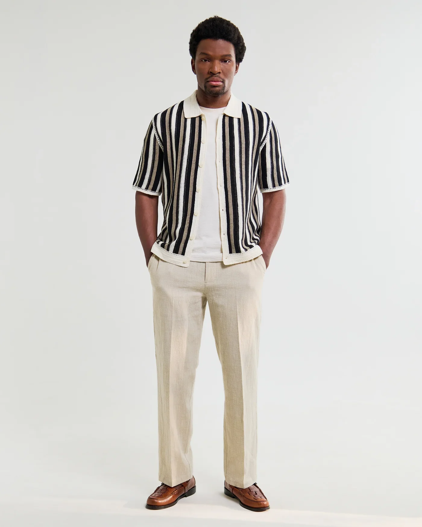 Wax London - Porto Crochet Knitted Shirt in Ecru And Black Stripe - Image 5