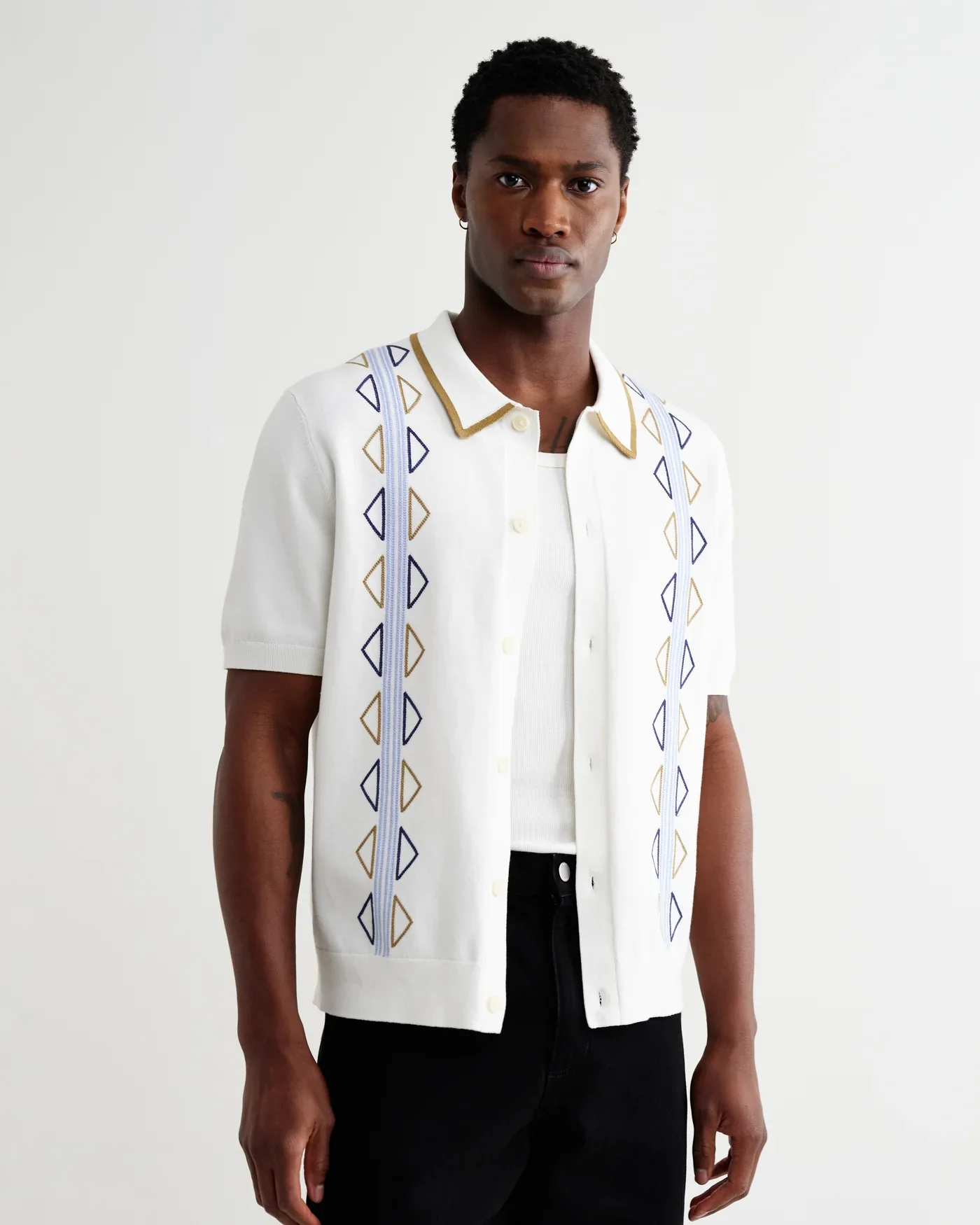 Wax London - Tellaro Retro Embroidered Shirt in Ecru and Blue - Image 4